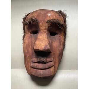 Hand-Carved Mapuche Style Ceremonial Mask Indigenous Solid Wood - Folk Art